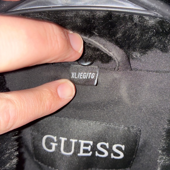 GUESS Long Black Winter Coat – Faux Fur Collar, Belted- womens size - Picture 8 of 10